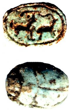 Faience scarab with ibex pair, width // cm, found on the Timpone della Motta, 7th c. BC, National Archaeological Museum, Sibari. Faience scarab with ibex pair, width // cm, found on the Timpone della Motta, 7th c. BC, National Archaeological Museum, Sibari.