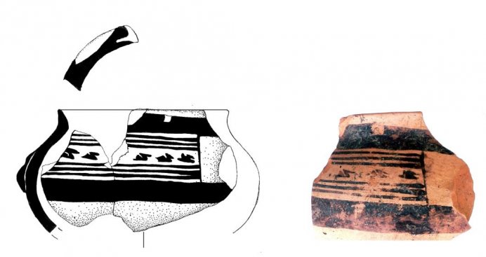 Cup with a frieze of water birds, Italic-Oenotrian matt-painted ware. Found on the Temple plateau of the Timpone della Motta during the Scavi Kleibrink 1992-2004. 1st half 8th century BC, National Archaeological Museum of the Sibaritide, Sibari. Cup with a frieze of water birds, Italic-Oenotrian matt-painted ware. Found on the Temple plateau of the Timpone della Motta during the Scavi Kleibrink 1992-2004. 1st half 8th century BC, National Archaeological Museum of the Sibaritide, Sibari.