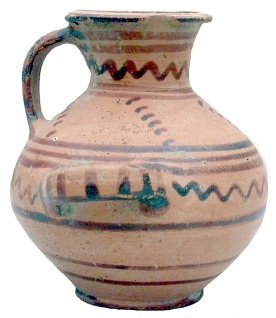 Hydriska (miniature water jar) decorated with wavy and plain bands, found on the Timpone della Motta, Late Geometric, 2nd half 7th c. BC, National Archaeological Museum, Sibari. Hydriska (miniature water jar) decorated with wavy and plain bands, found on the Timpone della Motta, Late Geometric, 2nd half 7th c. BC, National Archaeological Museum, Sibari.