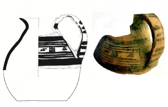 Hand-made jug decorated with a heavy banded frieze filled in with small swimming birds, in ‘Crosshatched Bands Style’. From the Scavi Kleibrink 1991-2004, Timpone della Motta, first half 8th c. BC, National Archaeological Museum, Sibari. Hand-made jug decorated with a heavy banded frieze filled in with small swimming birds, in ‘Crosshatched Bands Style’. From the Scavi Kleibrink 1991-2004, Timpone della Motta, first half 8th c. BC, National Archaeological Museum, Sibari.