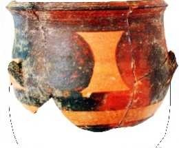 Locally produced, bell-shaped krater decorated with large black ovoid motifs, Scavi Kleibrink 1991-2004, Timpone della Motta. 1st half 7th century BC. National Archaeological Museum of the Sibaritide, Sibari. Locally produced, bell-shaped krater decorated with large black ovoid motifs, Scavi Kleibrink 1991-2004, Timpone della Motta. 1st half 7th century BC. National Archaeological Museum of the Sibaritide, Sibari.