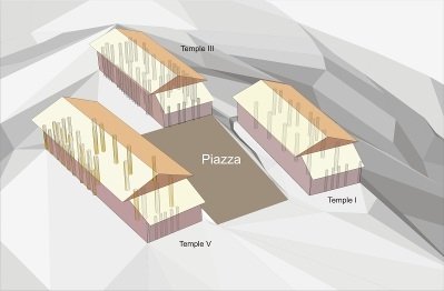 Fig. 4. Reconstruction of temples I, III and V of the Athenaion on the top of the Timpone della Motta, Scavi Stoop 1963-69 and Scavi Kleibrink 1991-2004 (illustration Huib Waterbolk).